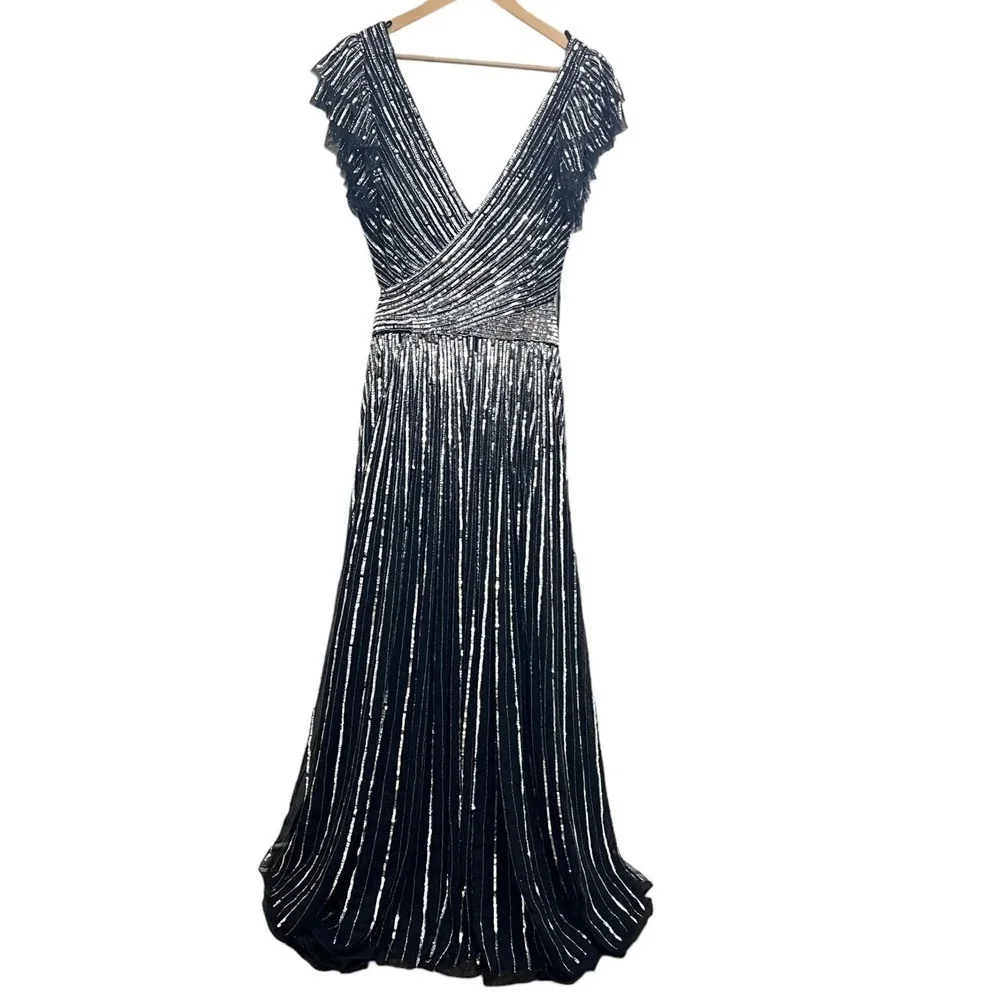 NEW $698 MAC DUGGAL 5568  BLACK SILVER SEQUINED CUTOUT V-NECK LACE UP GOWN Sz 12